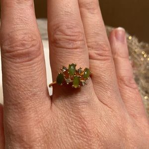 4 Hydrogrossular green garnets and faux diamonds vintage ring in 10k gold